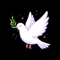Fototapeta premium Cartoon white dove carrying olive branch against black background representing peace