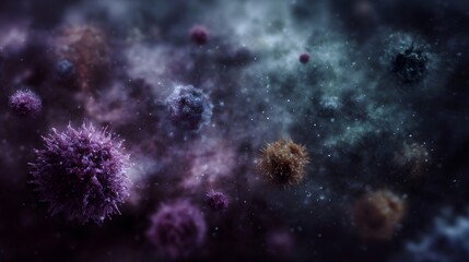 Fototapeta premium Microscopic view of colorful spiky pathogens floating in a dark nebula like environment