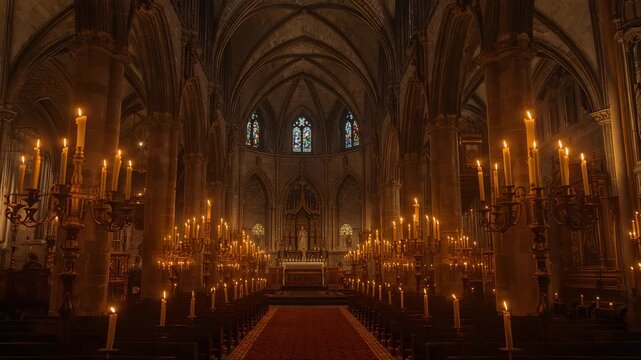 Wide view causing camera pushing forward down cathedral aisle with candelabras flickering flames