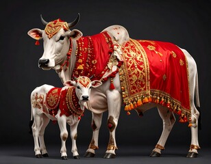 Two adorned cattle, a mother and calf, stand against a dark backdrop, draped in red and gold ceremonial cloths