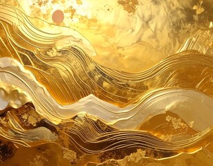 Abstract, golden artwork features undulating, textured waves and sun