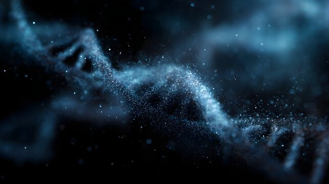 A vibrant blue abstract DNA double helix composed of glowing particles against a dark cosmic background