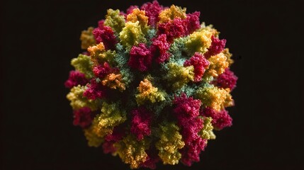 A vividly colored 3D render of a virus particle showing intricate surface proteins and spikes on a dark background