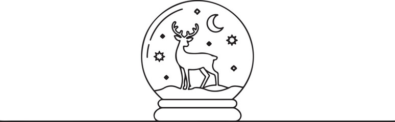 One continuous line drawing of Christmas snow globe with reindeer. Magic glass ball for winter xmas holiday concept in simple linear style. Editable stroke. Doodle vector illustration