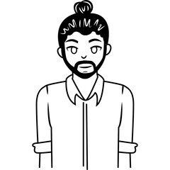 Man Bun Hairstyle Beard Casual Shirt With Rolled Up Sleeves And Buttoned Collar Standing Portrait Illustration White Background