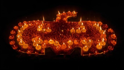 Burning candles forming bat symbol on black platform, flickering flames, wax drips, dried petals - Powered by Adobe
