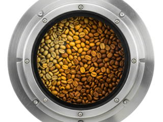 Coffee beans at different roasting stages in an industrial roaster on a transparent background