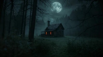 Full moon rising bathing wooden cabin in grassy forest clearing, glowing windows and drifting mist - Powered by Adobe