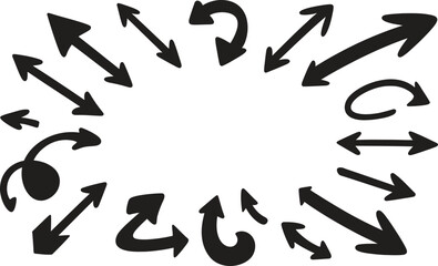 Collection of hand drawn black arrows pointing in various directions