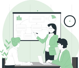 Woman Presenting a Flowchart and Pie Chart on a Projector Screen to Colleagues presentation business