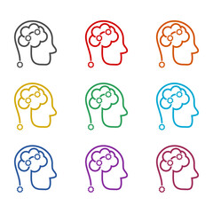 Human head with gear and brain inside icon isolated on white background. Set icons colorful