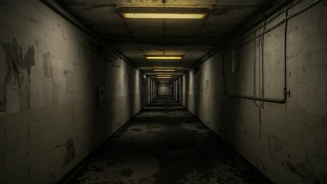 Stationary camera capturing abandoned basement corridor, with fluorescent lights and conduit