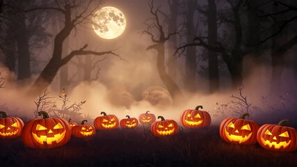 Drifting low-lying fog among twisted trees after moon rising, carved pumpkins glowing in clearing - Powered by Adobe