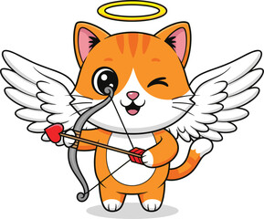 Cute cupid cat cartoon with wings and halo holding heart arrow and bow, adorable valentine kitten angel illustration design
