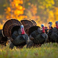 A group of male wild turkeys strutting in a grassy field at dusk