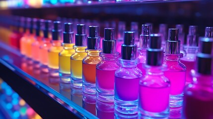 Colorful Perfumes in a Row with Product Photography, Abstract, and Beauty.