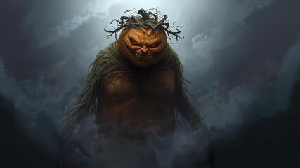 Fog swirling unveiling vine-limbed creature rising in moonlit clearing, with carved pumpkin head - Powered by Adobe