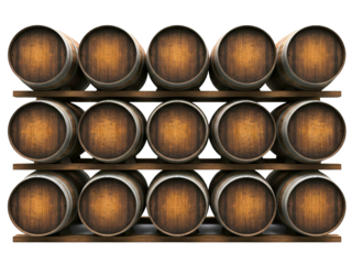 Rows of wooden wine barrels aging on racks in a cellar on a transparent background