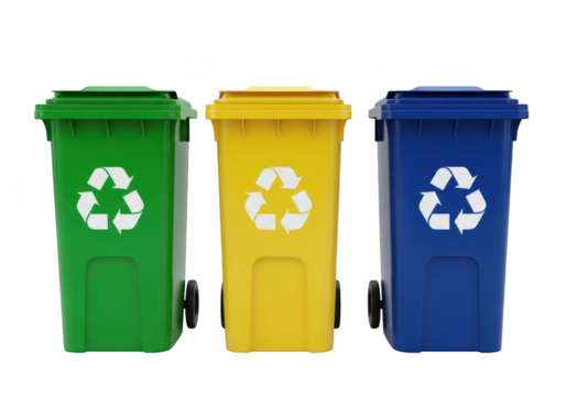 Three colorful recycle bins isolated on transparent background