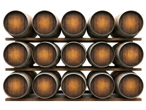 Rows of wooden wine barrels aging on racks in a cellar on a transparent background