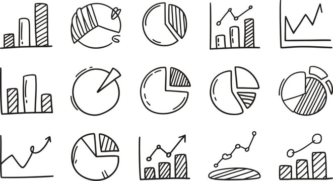 Hand drawn collection of business and financial charts and graphs icons
