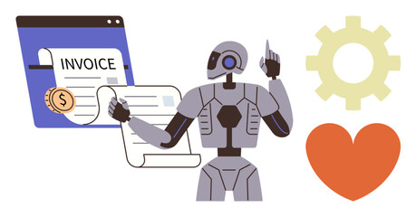 AI robot processing digital invoices on monitor with dollar coin, gear symbolizing automation, and heart depicting care. Ideal for finance, AI, automation, technology, innovation, creativity