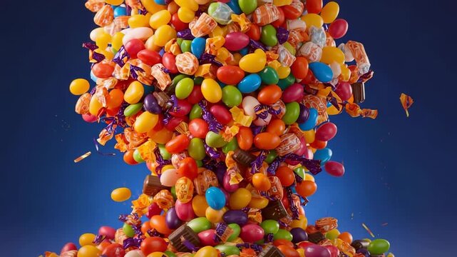 Jelly beans, candies and chocolate squares pouring, piling from above in blue studio forming column
