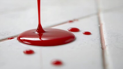 Initiating thin red liquid stream dripping onto white tile surface, forming expanding puddle - Powered by Adobe