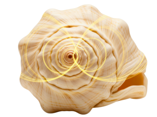 Sacred geometry pattern of glowing light on a spiral seashell on a transparent background