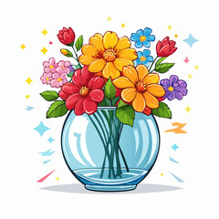 crystal glass vase with vibrant blooming flowers, vibrant vector illustration