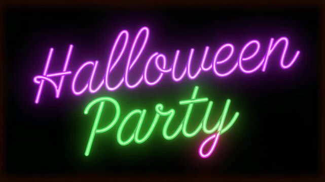 Opening frame showing neon sign glowing Halloween Party text on dark wall, advertising spooky event