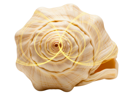 Sacred geometry pattern of glowing light on a spiral seashell on a transparent background