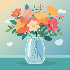 crystal glass vase with vibrant blooming flowers, vibrant vector illustration