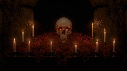 Flickering candle flames casting highlights on skull atop red roses on stone altar in dim crypt - Powered by Adobe