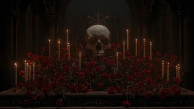 Flickering candle flames casting shadows across skull on altar at gothic chapel, with red roses - Powered by Adobe