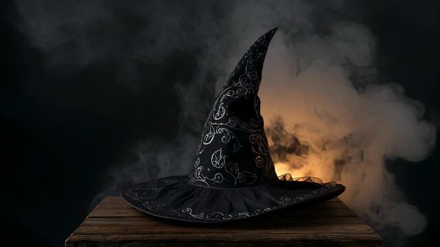 Drifting grey smoke around witch's hat on wooden table as orange glow intensifying creating magic