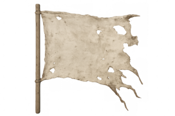 Tattered old flag or banner on a pole, symbolizing defeat, surrender, failure, or historical struggle, on a transparent background