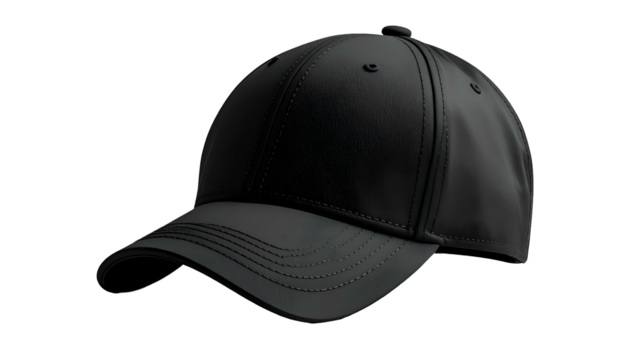 A close-up studio shot of a matte black baseball cap against a dark background