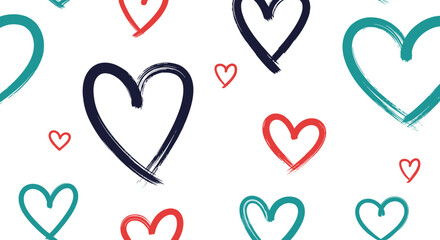 A charming collection of hand drawn hearts in various colors and sizes scattered across a clean white background providing a whimsical and romantic visual.