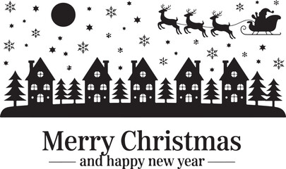 Fototapeta premium Santa in a reindeer sleigh in the sky. Winter christmas background with moon, houses, santa and snowfall. Black drawings on a white background.Merry Christmas and Happy New Year. Vector
