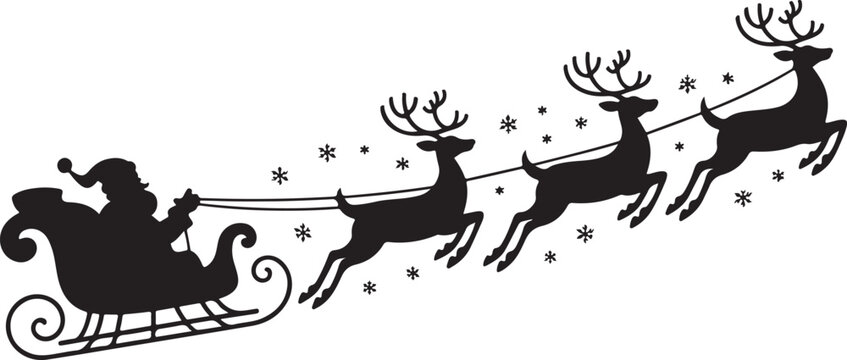 Santa in a sleigh with reindeers silhouette. Black vector silhouette isolated on white background