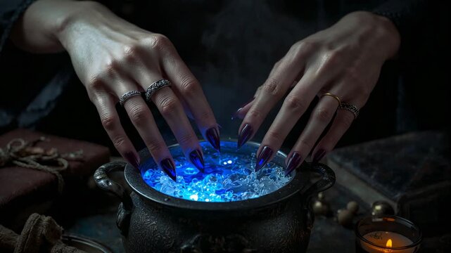 Entering frame fair-skinned hands weaving above cauldron in ritual chamber, glowing beads pulsing