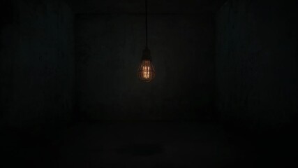 Flickering metal-caged bulb dimming, pulsing, brightening across empty concrete chamber, copy space - Powered by Adobe