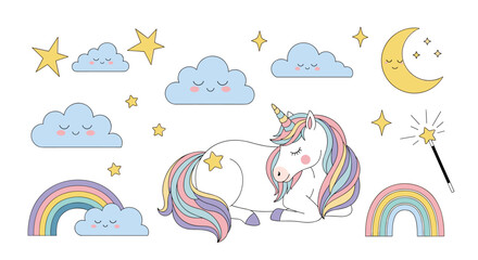 A whimsical collection of magical unicorn and celestial elements for enchanting designs.