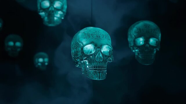 Flickering light causing ornate teal skulls rotating in smoky space, revealing etched patterns - Powered by Adobe