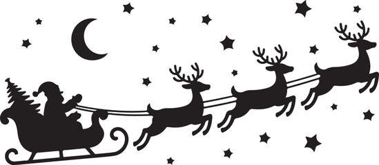 Santa's sleigh with reindeer flies across the sky.Vector silhouette.Template for laser, paper cutting, printing on T-shirts, mugs. Christmas illustration