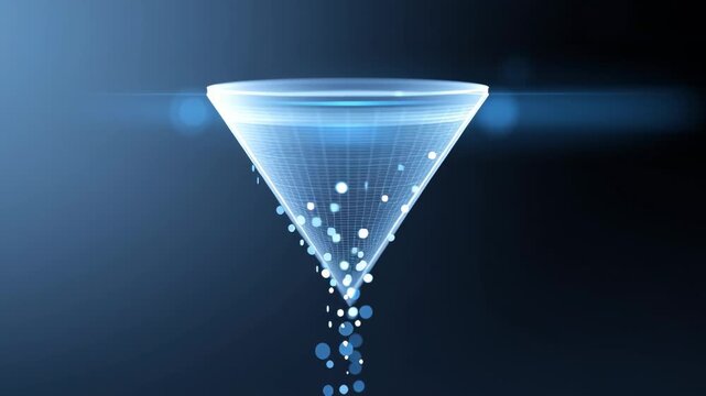 Digital recruitment funnel glowing particles flowing through translucent cone symbolizing data flow analysis technology process