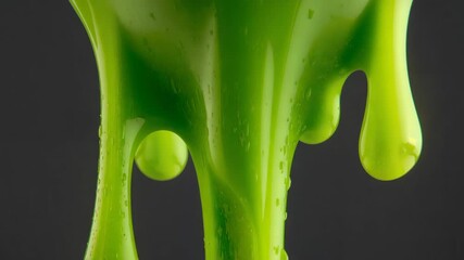 Gravity pulling bright green liquid into drips, releasing droplet, showing fluid behavior in studio - Powered by Adobe