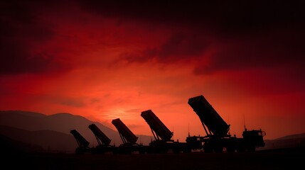 Obraz premium Silhouettes of missile launchers against a dramatic red sunset sky.