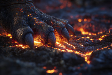 Naklejka premium Molten rock paw with glowing lava cracks, scorched claw touching hot volcanic surface, dramatic fiery texture and intense heat